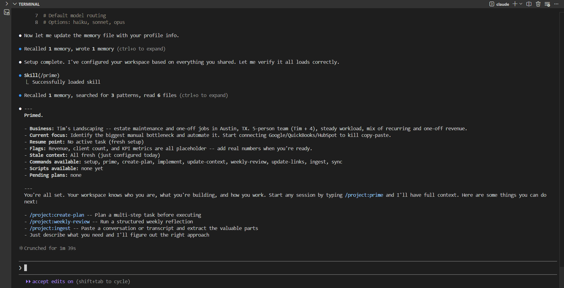 AI OS prime output showing business context loaded on startup
