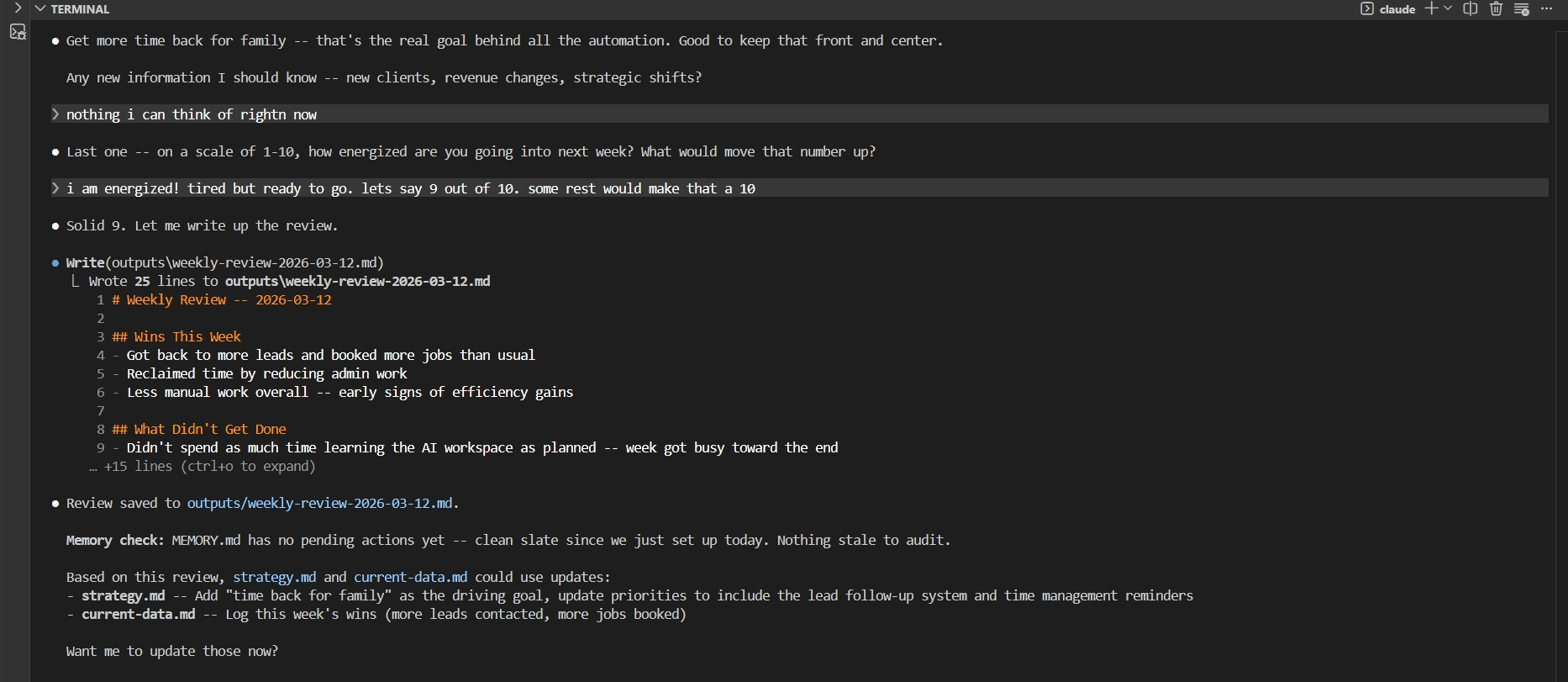 AI OS running a structured weekly review workflow